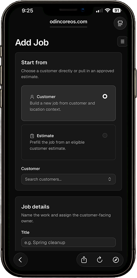OdinCore mobile Add Job screen showing customer and estimate starting options.