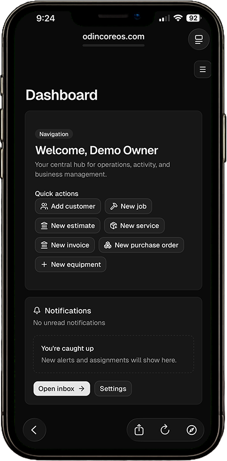 OdinCore mobile dashboard showing quick actions and notifications.