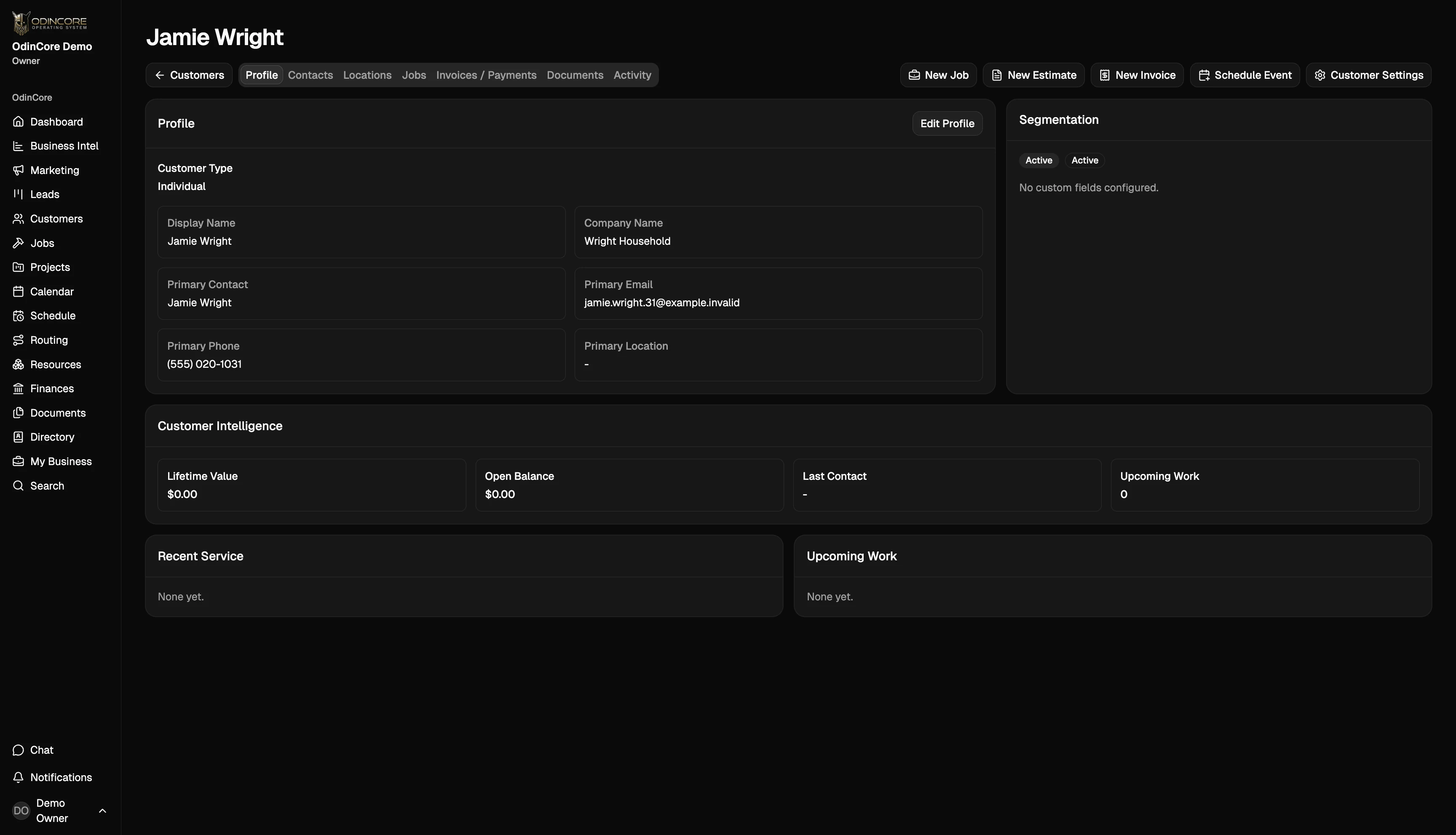 OdinCore CRM customer record with customer intelligence and linked actions