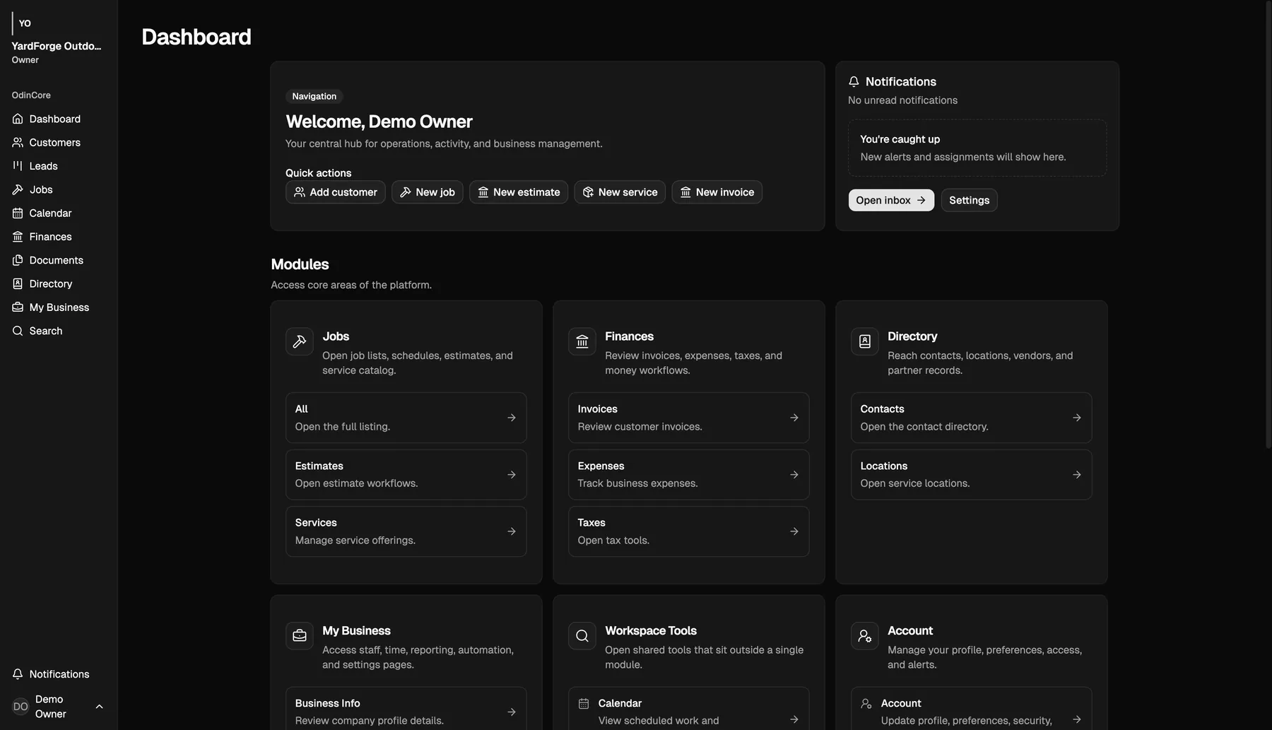 OdinCore dashboard showing customers, jobs, resources, quick actions, notifications, and business modules.