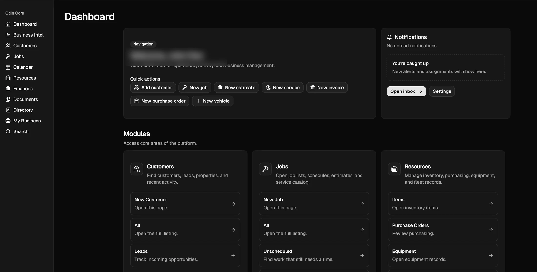 OdinCore dashboard showing customers, jobs, resources, quick actions, notifications, and business modules.