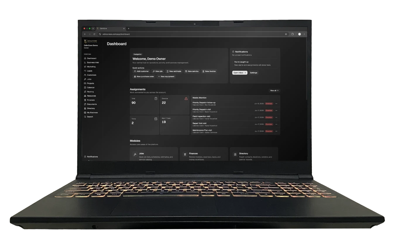 Demo account screenshot showing the OdinCore dashboard in a laptop mockup.