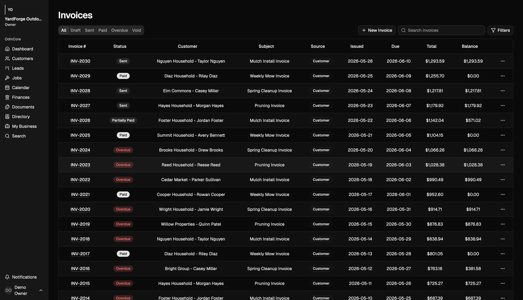 Demo account screenshot showing OdinCore invoice records.