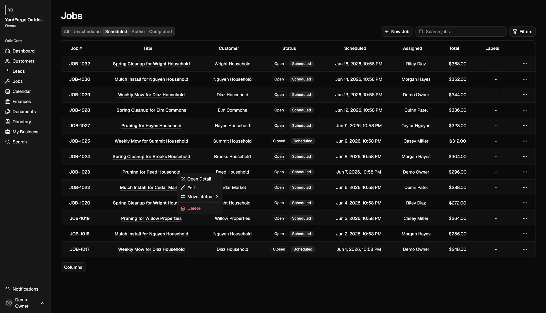Demo account screenshot showing scheduled jobs and customer-linked work records.