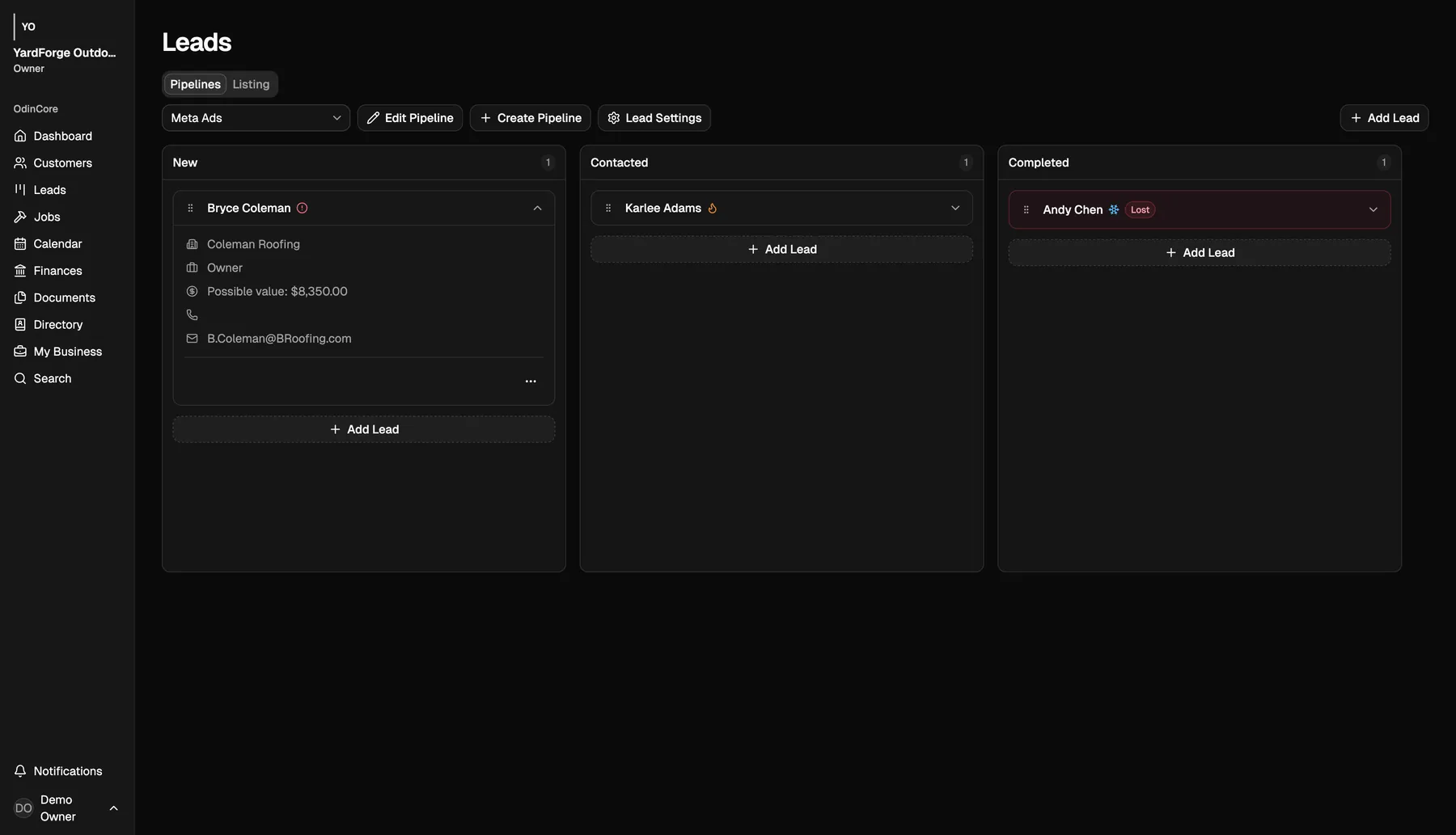 Demo account screenshot showing OdinCore lead tracking and pipeline stages.