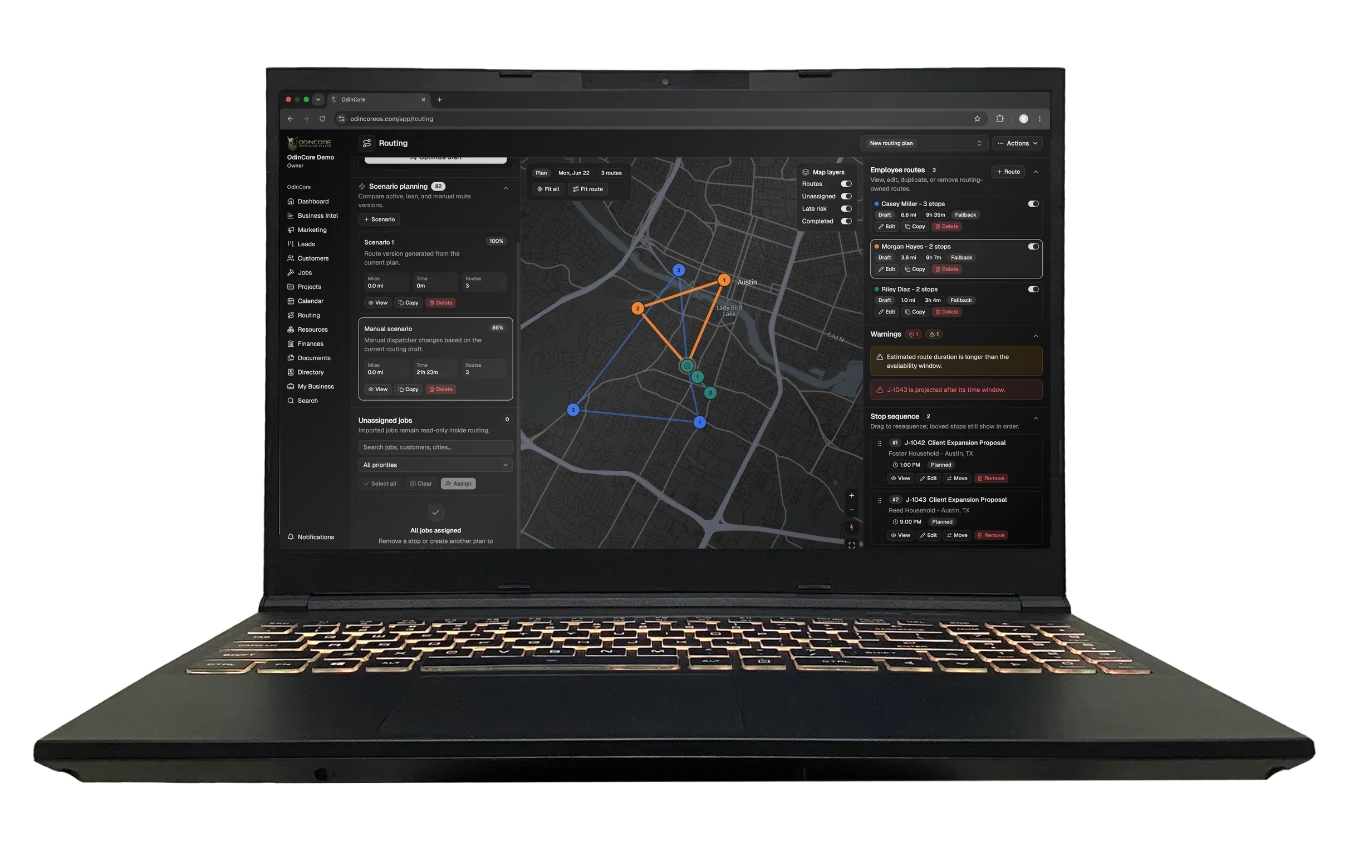Demo account screenshot showing OdinCore Routing with maps, stops, and dispatch context.
